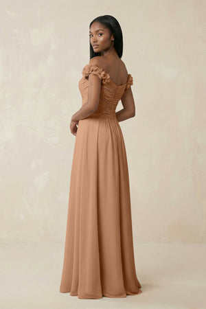 Pleated Off - the - Shoulder A - Line Chiffon Bridesmaid Dress in Bronzer - KISS BRIDAL Bridesmaid Dresses