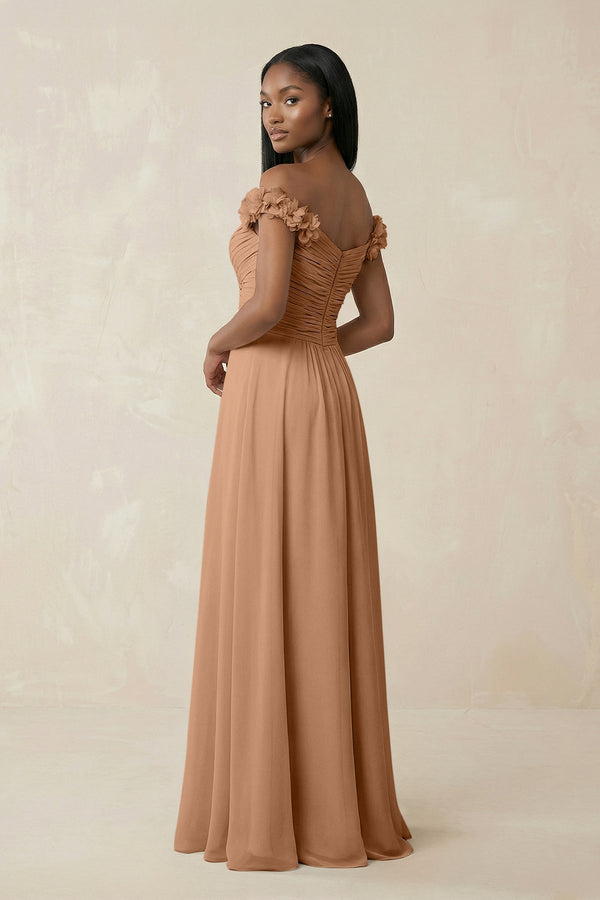 Pleated Off - the - Shoulder A - Line Chiffon Bridesmaid Dress in Bronzer - KISS BRIDAL Bridesmaid Dresses