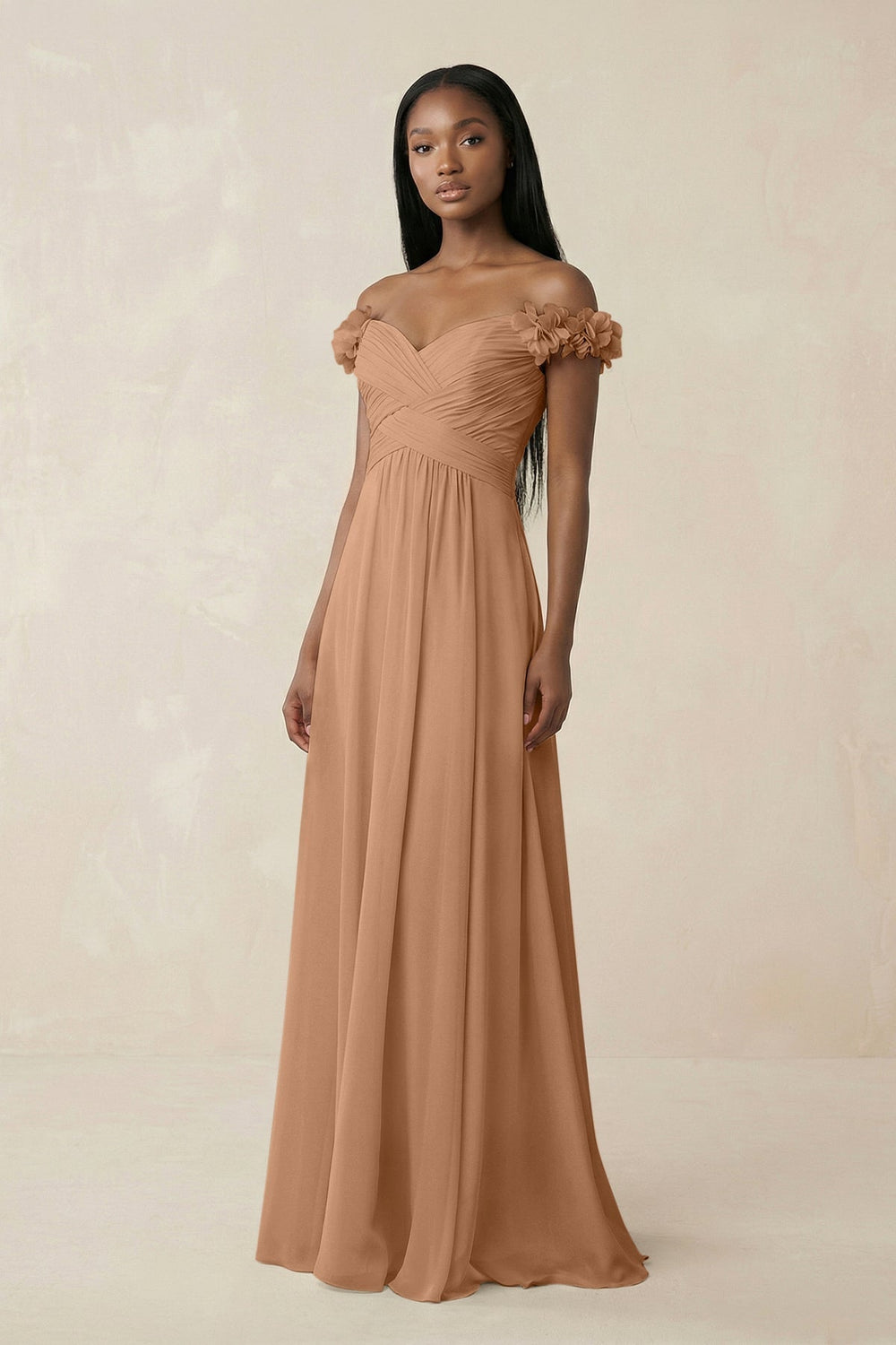 Pleated Off-the-Shoulder A-Line Chiffon Bridesmaid Dress in Bronzer