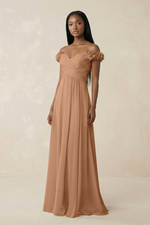 Pleated Off - the - Shoulder A - Line Chiffon Bridesmaid Dress in Bronzer - KISS BRIDAL Bridesmaid Dresses