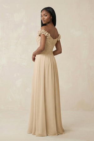 Pleated Off-the-Shoulder A-Line Chiffon Bridesmaid Dress in Champagne (2) | KISSBRIDAL