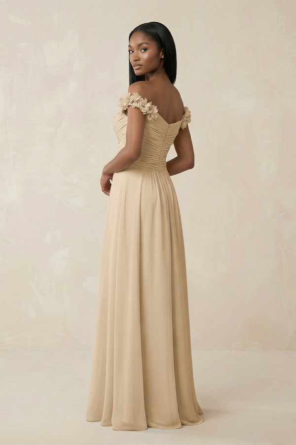 Pleated Off-the-Shoulder A-Line Chiffon Bridesmaid Dress in Champagne (2) | KISSBRIDAL