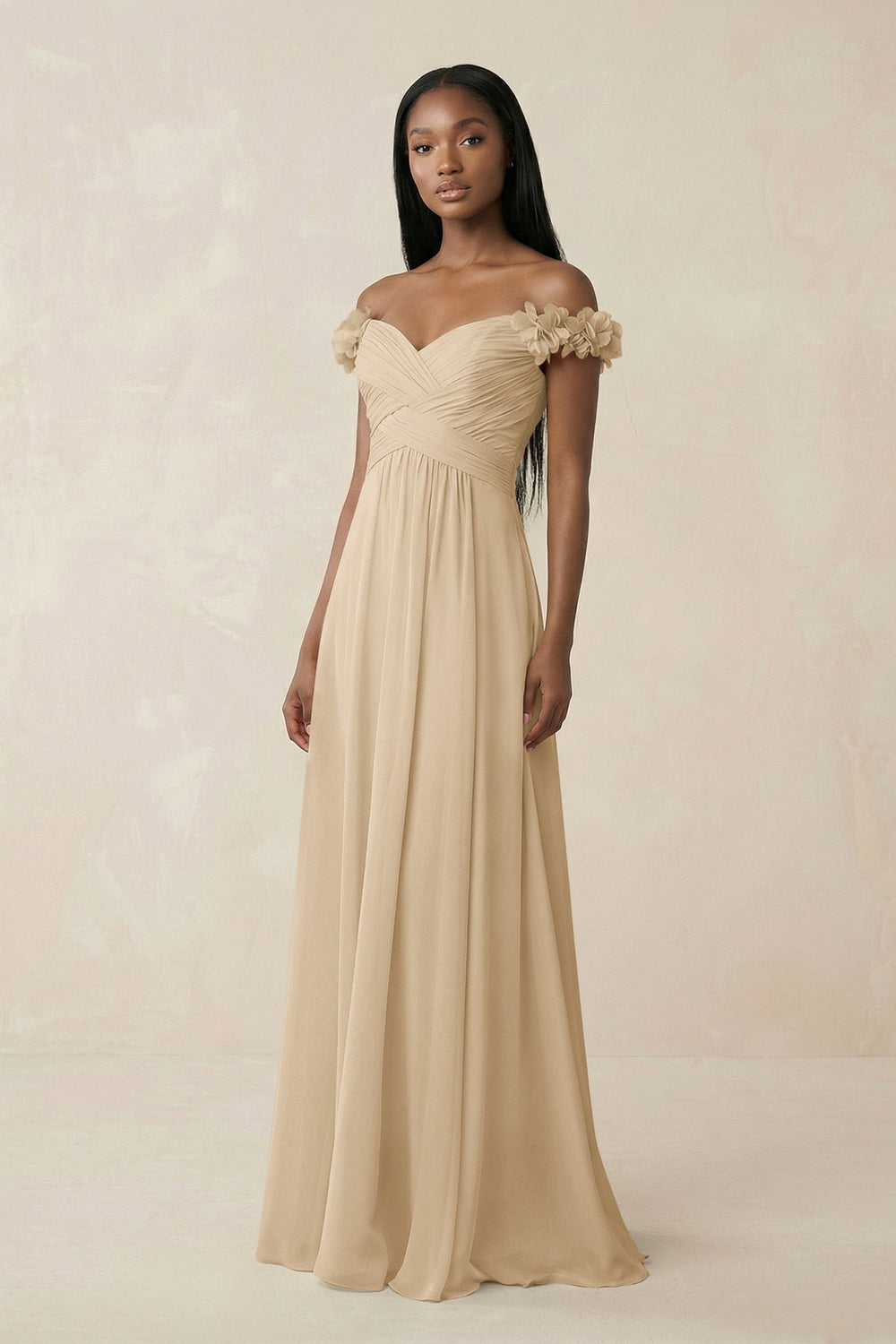 Pleated Off-the-Shoulder A-Line Chiffon Bridesmaid Dress in Champagne