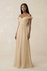 Pleated Off-the-Shoulder A-Line Chiffon Bridesmaid Dress in Champagne | KISSBRIDAL
