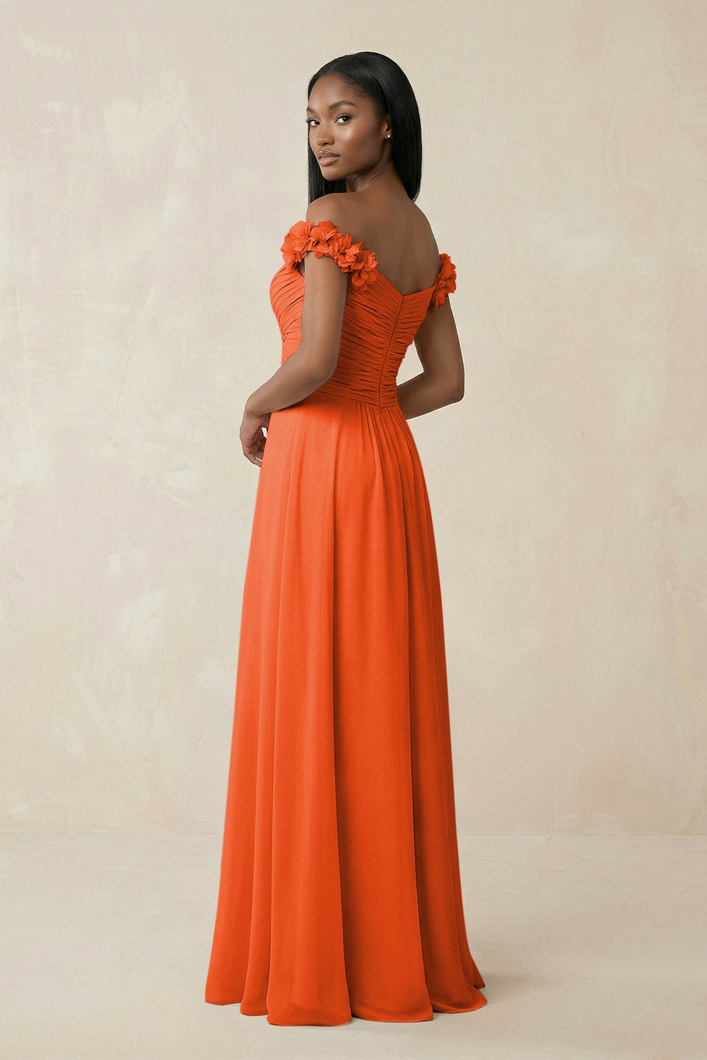 Pleated Off-the-Shoulder A-Line Chiffon Bridesmaid Dress in Cinnamon