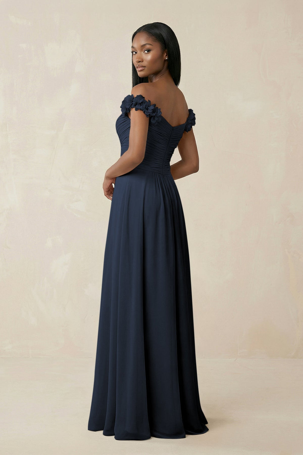 Pleated Off-the-Shoulder A-Line Chiffon Bridesmaid Dress in Dark Navy