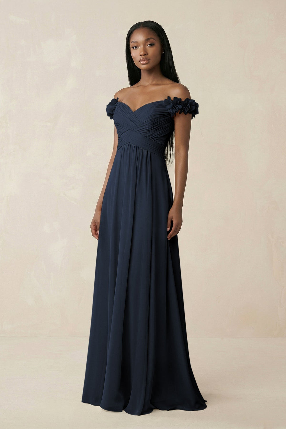 Pleated Off-the-Shoulder A-Line Chiffon Bridesmaid Dress in Dark Navy