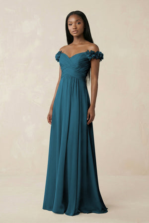 Pleated Off - the - Shoulder A - Line Chiffon Bridesmaid Dress in Dark Teal - KISS BRIDAL Bridesmaid Dresses