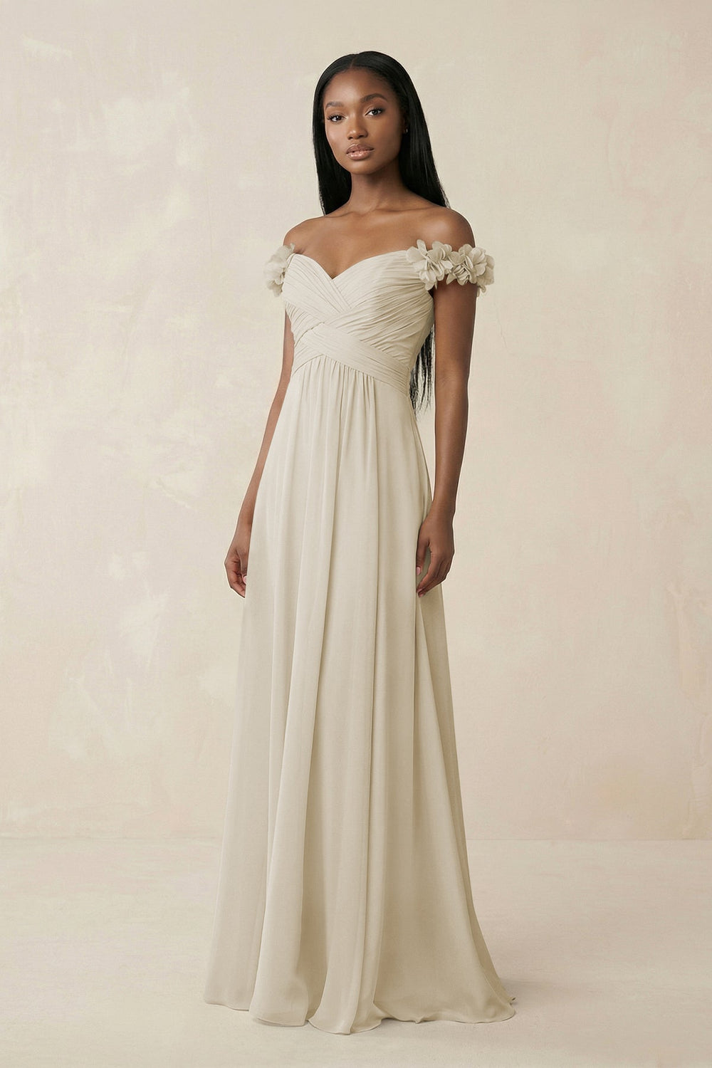 Pleated Off-the-Shoulder A-Line Chiffon Bridesmaid Dress in Dove Gray
