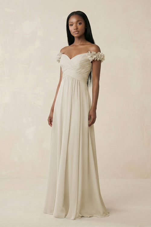 Pleated Off - the - Shoulder A - Line Chiffon Bridesmaid Dress in Dove Gray - KISS BRIDAL Bridesmaid Dresses