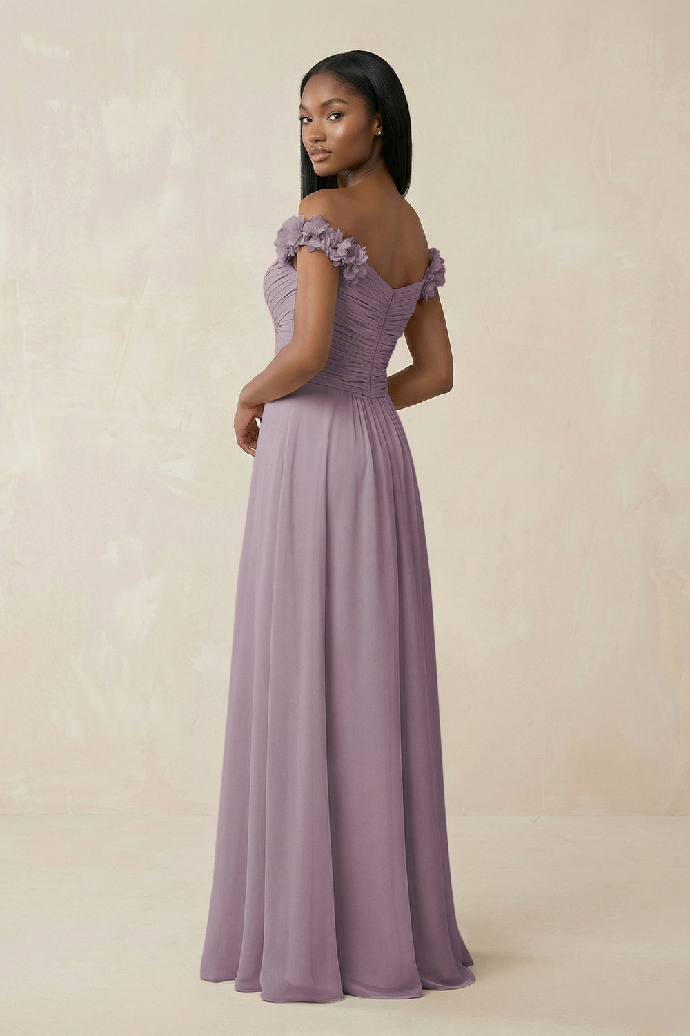Pleated Off-the-Shoulder A-Line Chiffon Bridesmaid Dress in Dusk