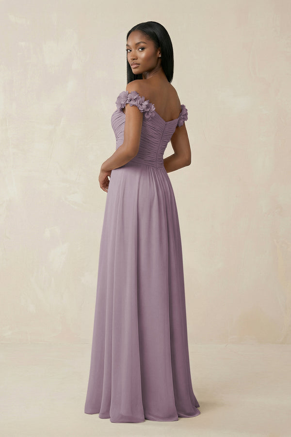 Pleated Off-the-Shoulder A-Line Chiffon Bridesmaid Dress in Dusk (2) | KISSBRIDAL