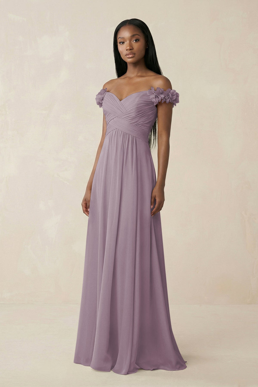 Pleated Off-the-Shoulder A-Line Chiffon Bridesmaid Dress in Dusk