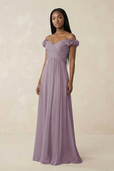 Pleated Off-the-Shoulder A-Line Chiffon Bridesmaid Dress in Dusk | KISSBRIDAL