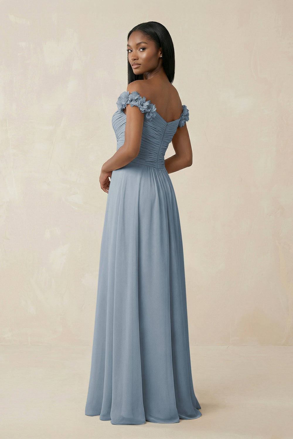 Pleated Off-the-Shoulder A-Line Chiffon Bridesmaid Dress in Dusty Blue