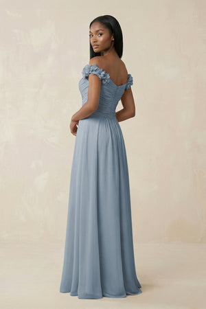 Pleated Off-the-Shoulder A-Line Chiffon Bridesmaid Dress in Dusty Blue (2) | KISSBRIDAL