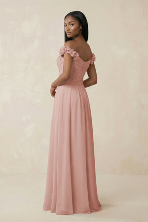 Pleated Off-the-Shoulder A-Line Chiffon Bridesmaid Dress in English Rose (2) | KISSBRIDAL