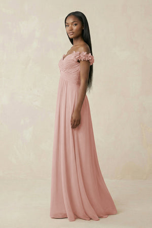 Pleated Off-the-Shoulder A-Line Chiffon Bridesmaid Dress in English Rose (3) | KISSBRIDAL