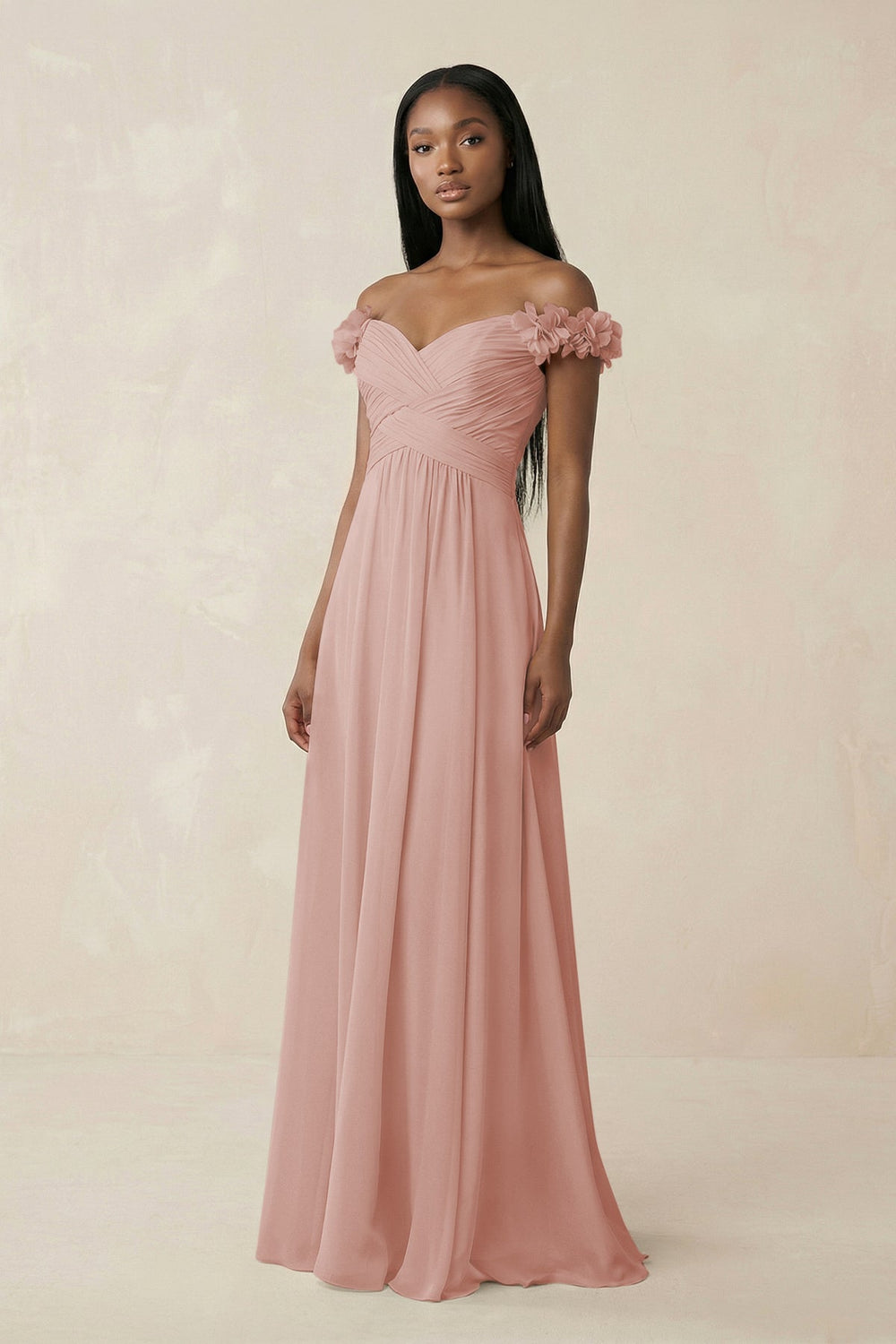 Pleated Off-the-Shoulder A-Line Chiffon Bridesmaid Dress in English Rose