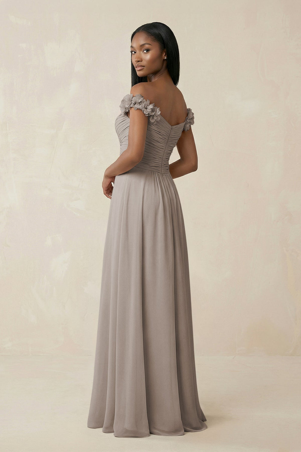 Pleated Off-the-Shoulder A-Line Chiffon Bridesmaid Dress in Frost
