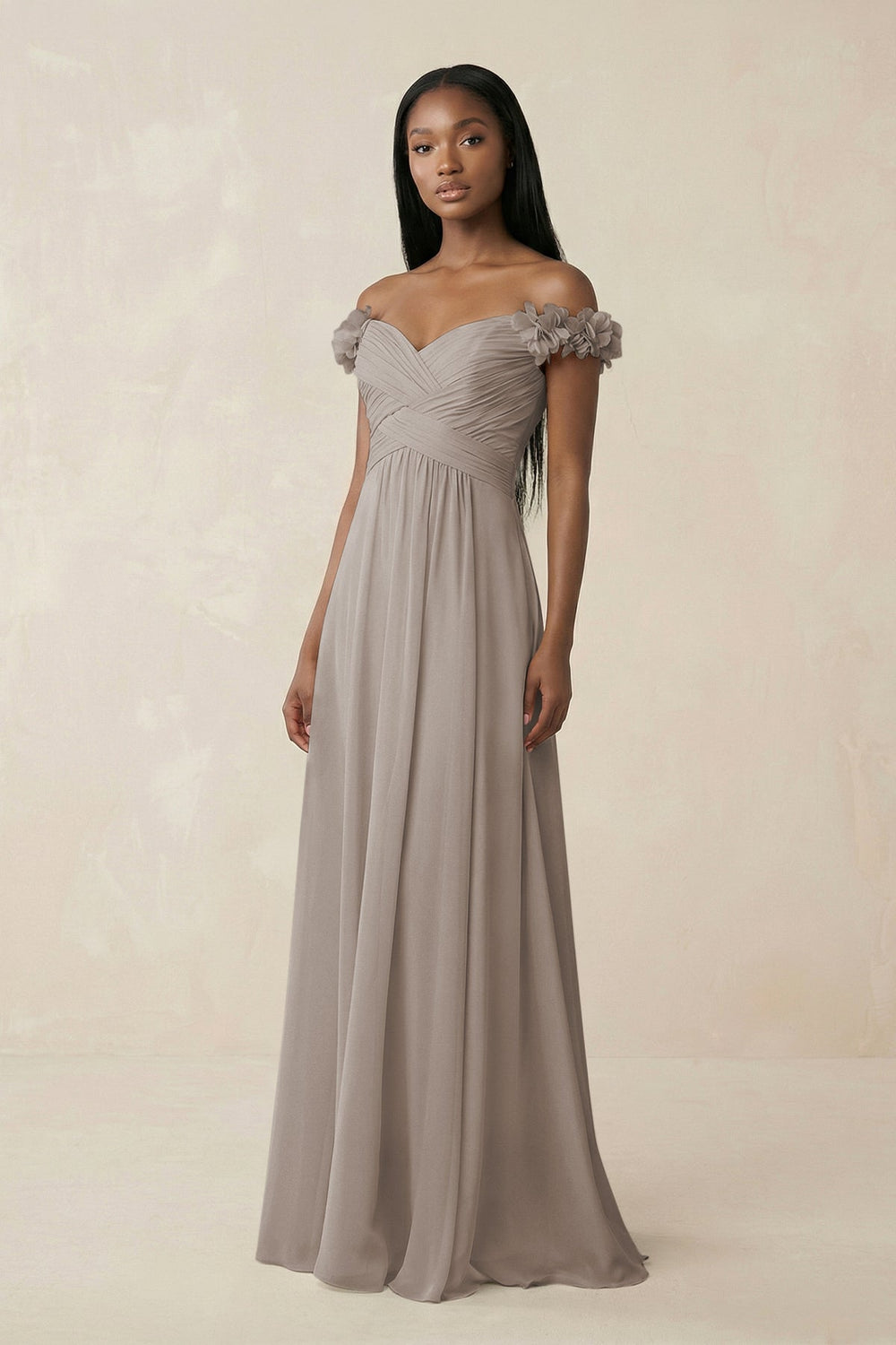 Pleated Off-the-Shoulder A-Line Chiffon Bridesmaid Dress in Frost