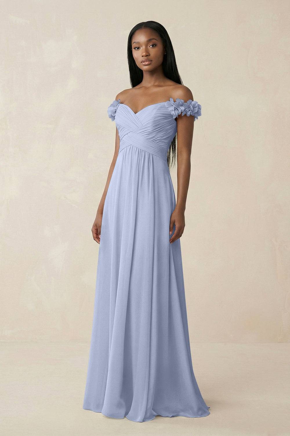 Pleated Off-the-Shoulder A-Line Chiffon Bridesmaid Dress in Ice