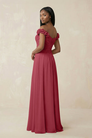 Pleated Off-the-Shoulder A-Line Chiffon Bridesmaid Dress in Merlot (2) | KISSBRIDAL