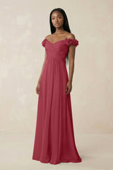 Pleated Off-the-Shoulder A-Line Chiffon Bridesmaid Dress in Merlot | KISSBRIDAL