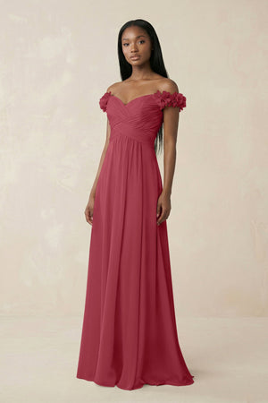 Pleated Off-the-Shoulder A-Line Chiffon Bridesmaid Dress in Merlot | KISSBRIDAL