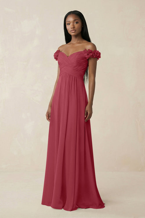 Pleated Off-the-Shoulder A-Line Chiffon Bridesmaid Dress in Merlot | KISSBRIDAL