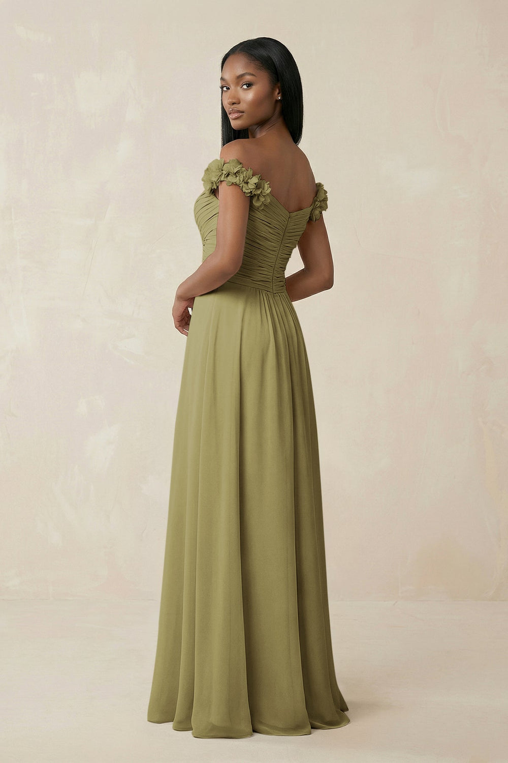 Pleated Off-the-Shoulder A-Line Chiffon Bridesmaid Dress in Moss Green