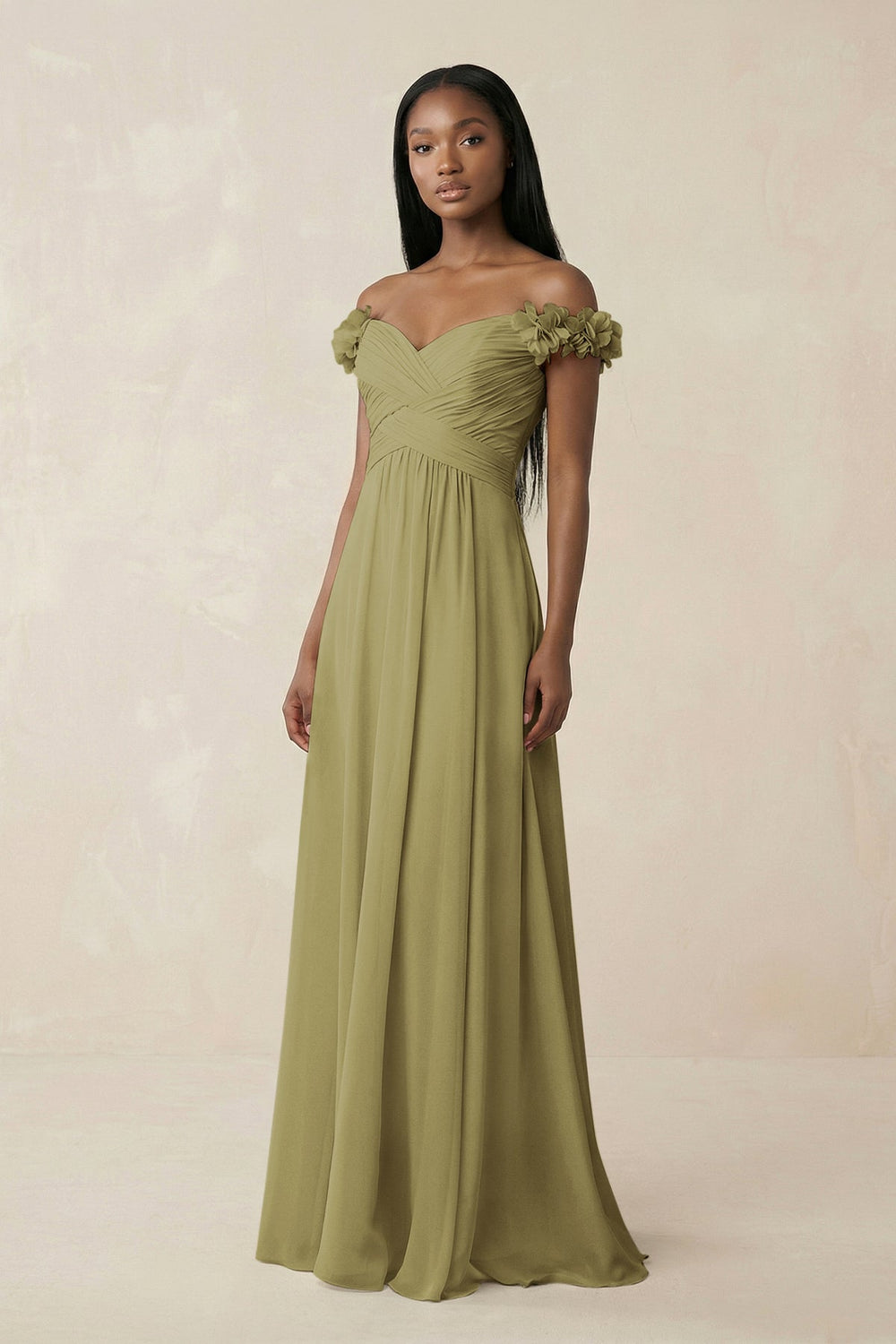 Pleated Off-the-Shoulder A-Line Chiffon Bridesmaid Dress in Moss Green