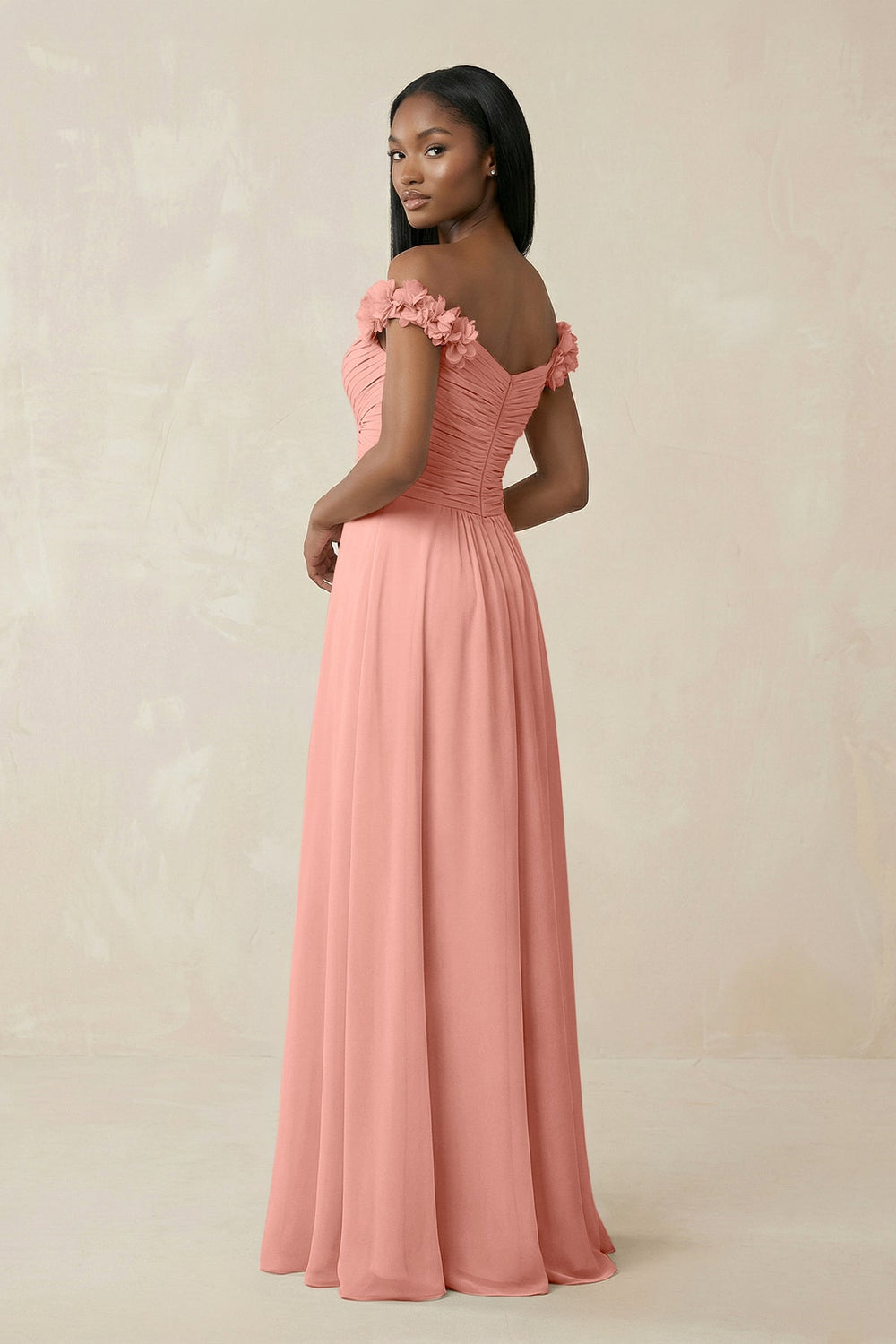 Pleated Off-the-Shoulder A-Line Chiffon Bridesmaid Dress in Rosette
