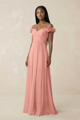 Pleated Off-the-Shoulder A-Line Chiffon Bridesmaid Dress in Rosette | KISSBRIDAL