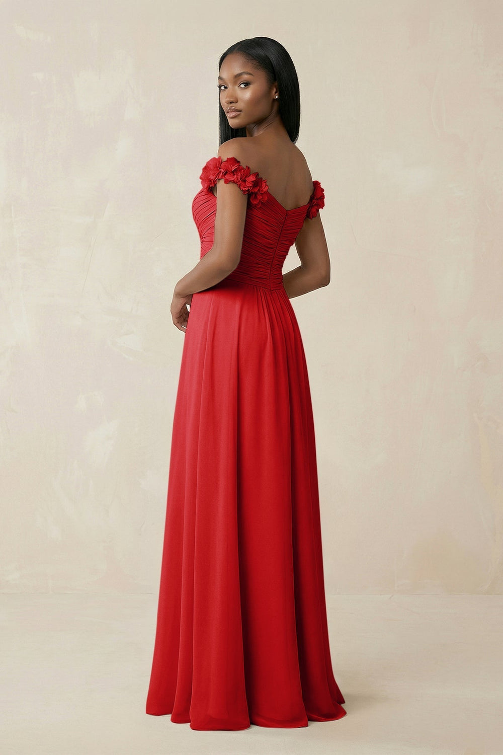 Pleated Off-the-Shoulder A-Line Chiffon Bridesmaid Dress in Ruby Red