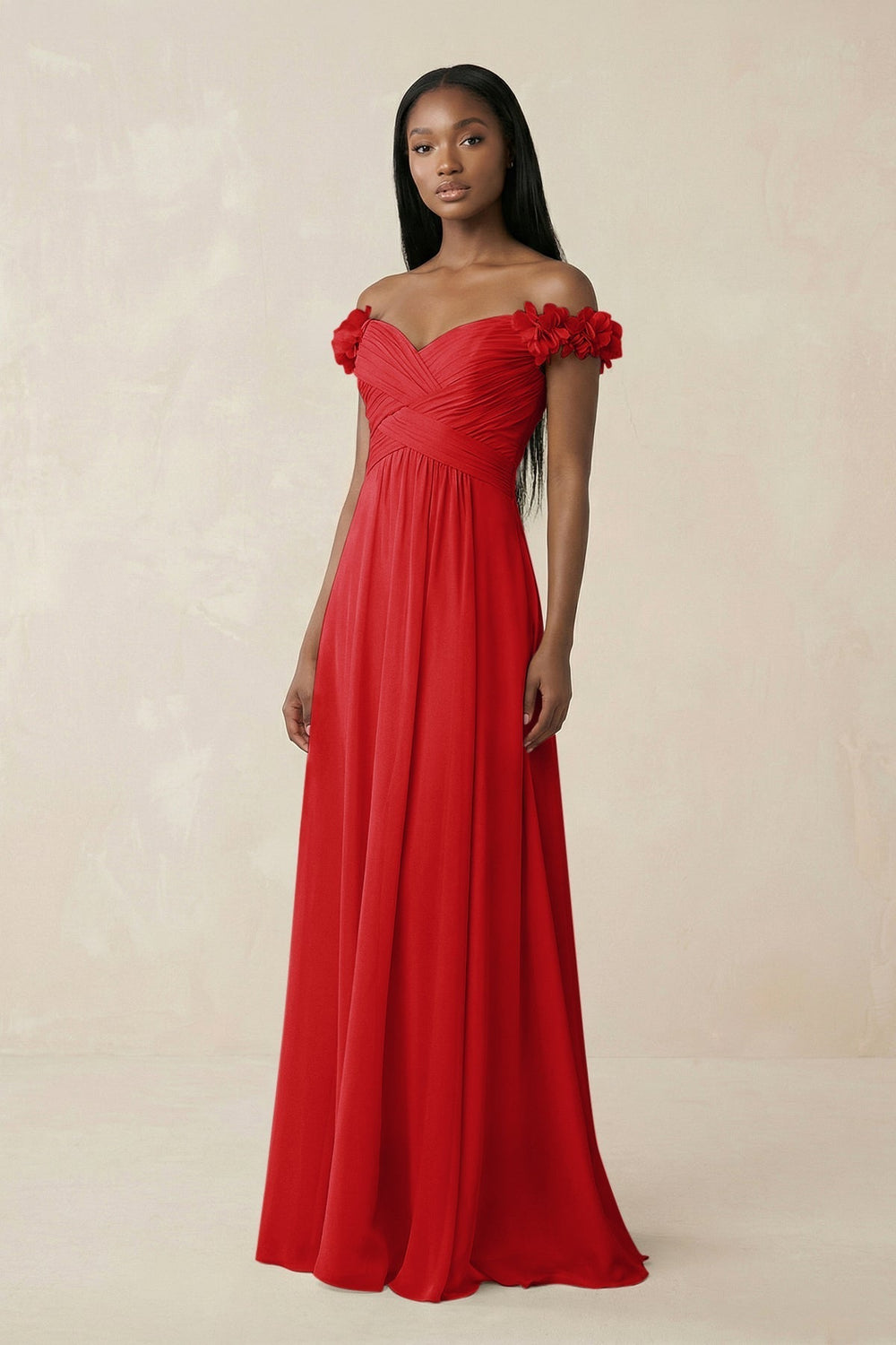 Pleated Off-the-Shoulder A-Line Chiffon Bridesmaid Dress in Ruby Red