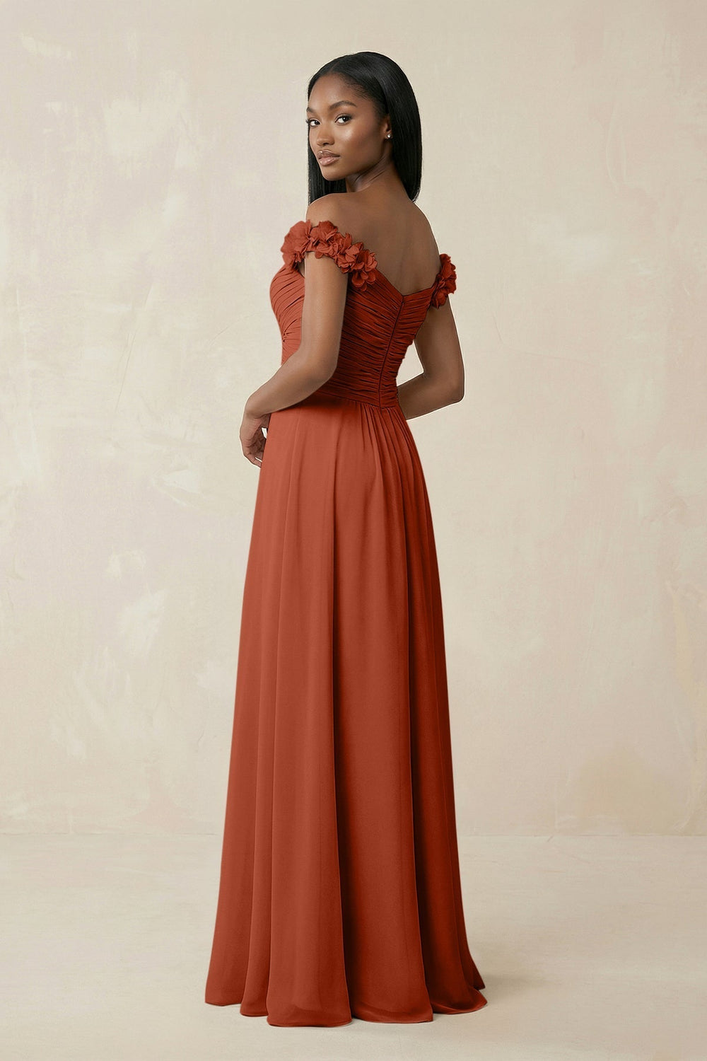 Pleated Off-the-Shoulder A-Line Chiffon Bridesmaid Dress in Spice