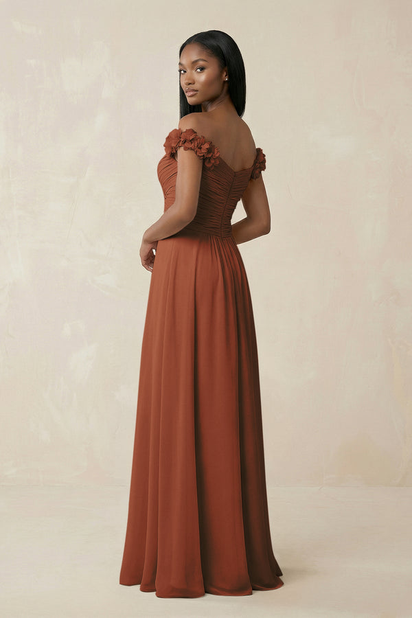 Pleated Off-the-Shoulder A-Line Chiffon Bridesmaid Dress in Terracotta (2) | KISSBRIDAL