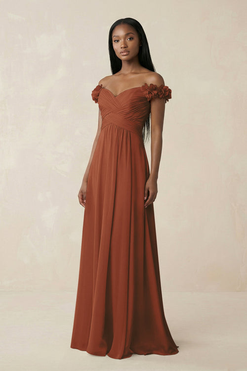 Pleated Off-the-Shoulder A-Line Chiffon Bridesmaid Dress in Terracotta | KISSBRIDAL
