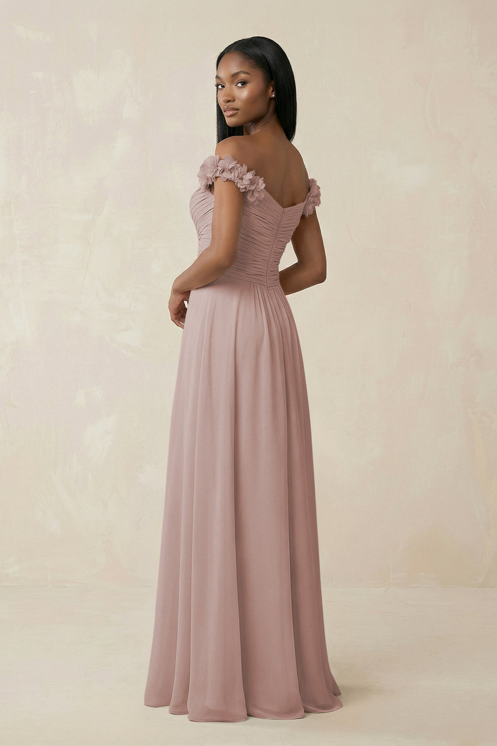 Pleated Off-the-Shoulder A-Line Chiffon Bridesmaid Dress in Toffee