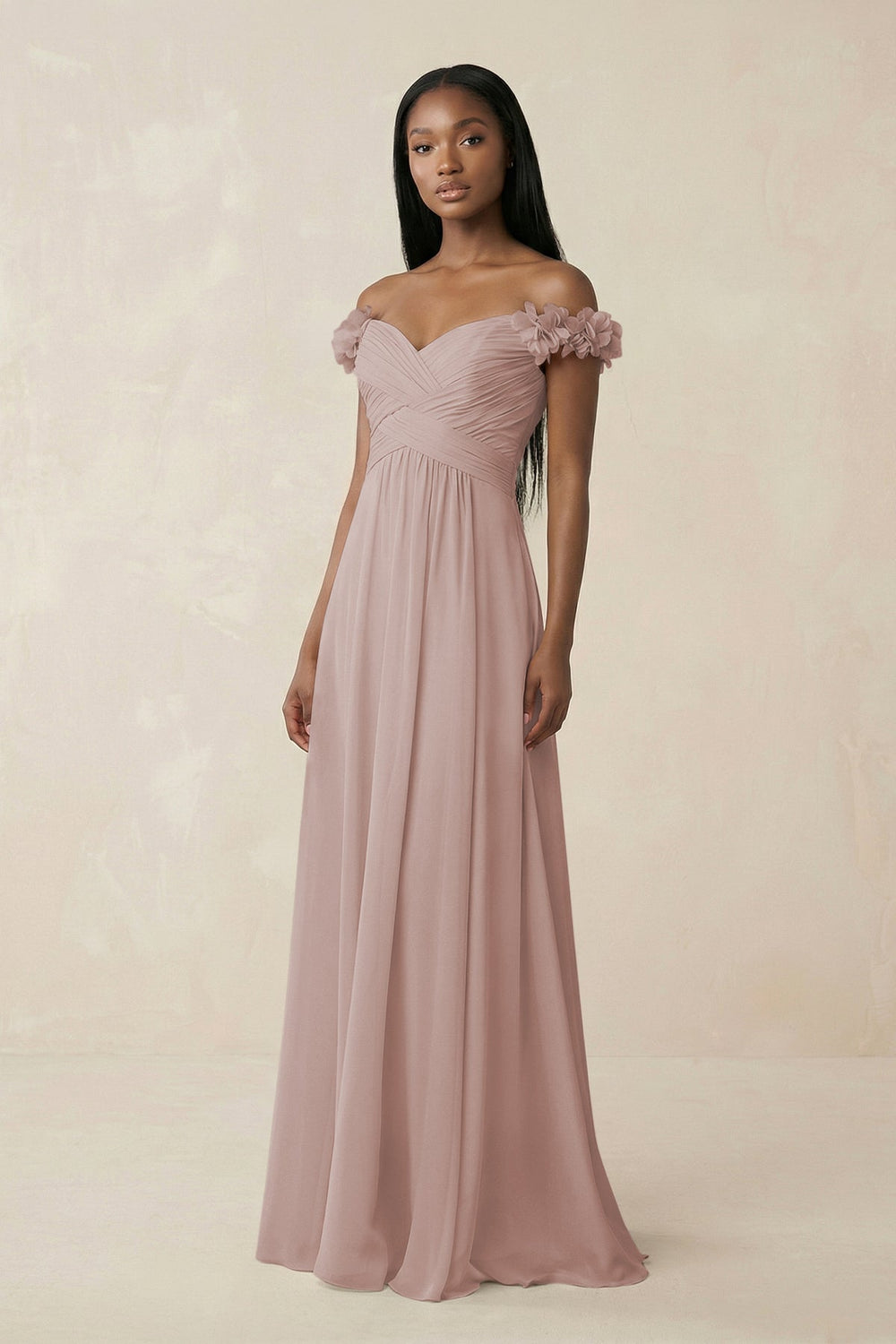 Pleated Off-the-Shoulder A-Line Chiffon Bridesmaid Dress in Toffee