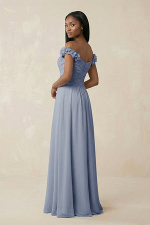 Pleated Off - the - Shoulder A - Line Chiffon Bridesmaid Dress in Twilight - KISS BRIDAL Bridesmaid Dresses