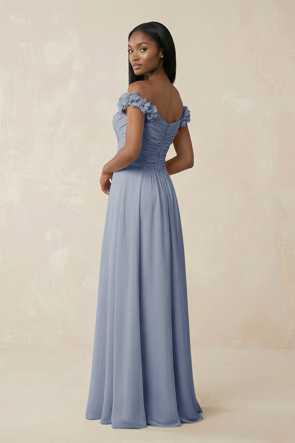 Pleated Off - the - Shoulder A - Line Chiffon Bridesmaid Dress in Twilight - KISS BRIDAL Bridesmaid Dresses