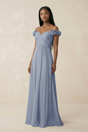 Pleated Off - the - Shoulder A - Line Chiffon Bridesmaid Dress in Twilight - KISS BRIDAL Bridesmaid Dresses