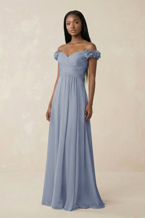 Pleated Off - the - Shoulder A - Line Chiffon Bridesmaid Dress in Twilight - KISS BRIDAL Bridesmaid Dresses