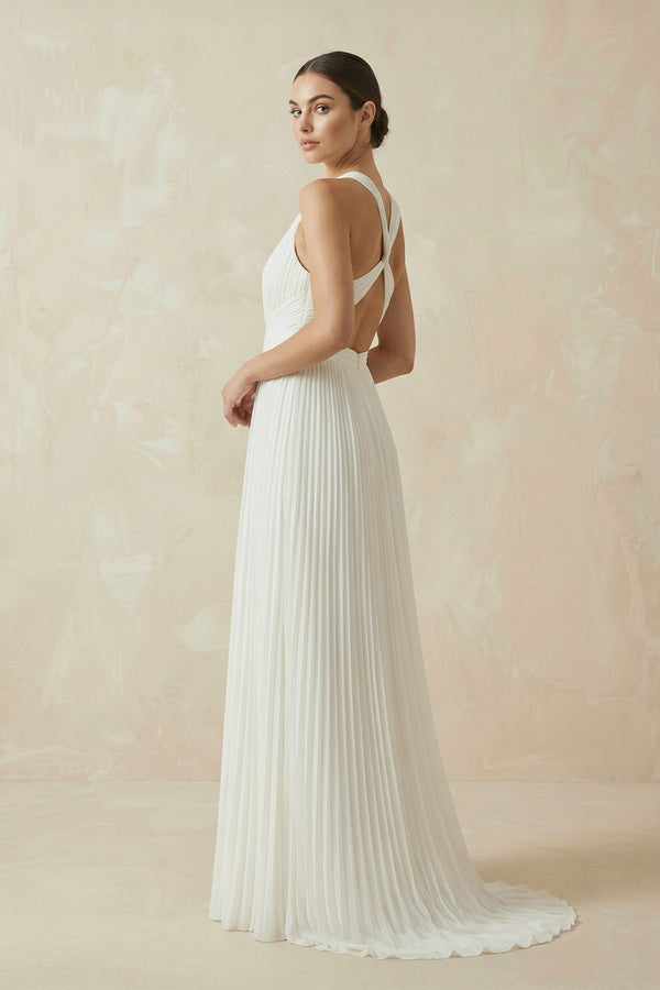 Pleated Open Back Halter A - Line Wedding Dress - KISS BRIDAL Wedding Dresses