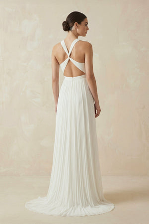 Pleated Open Back Halter A - Line Wedding Dress - KISS BRIDAL Wedding Dresses