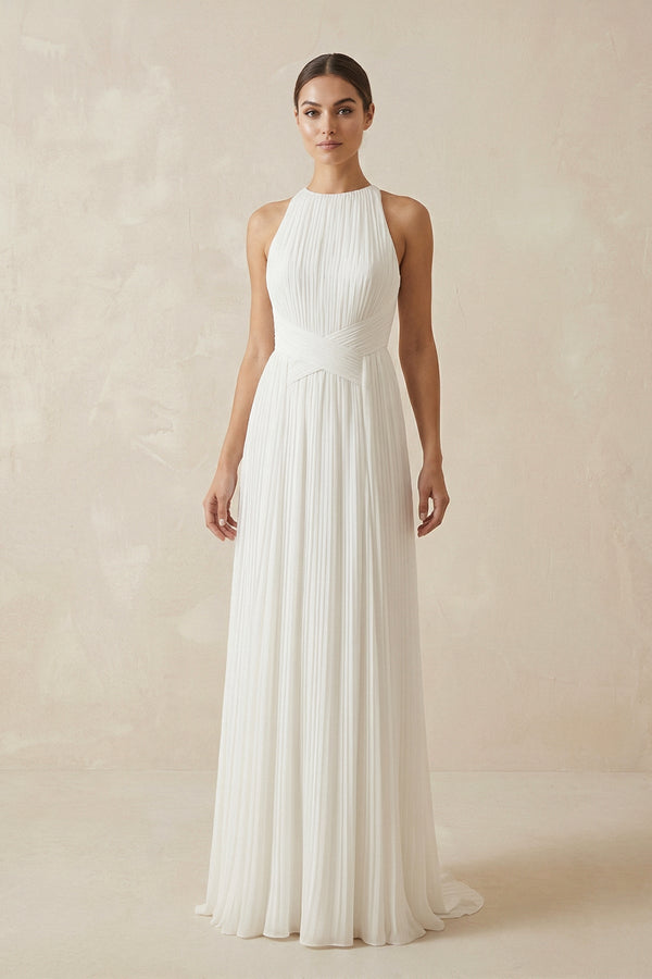 Pleated Open Back Halter A - Line Wedding Dress - KISS BRIDAL Wedding Dresses