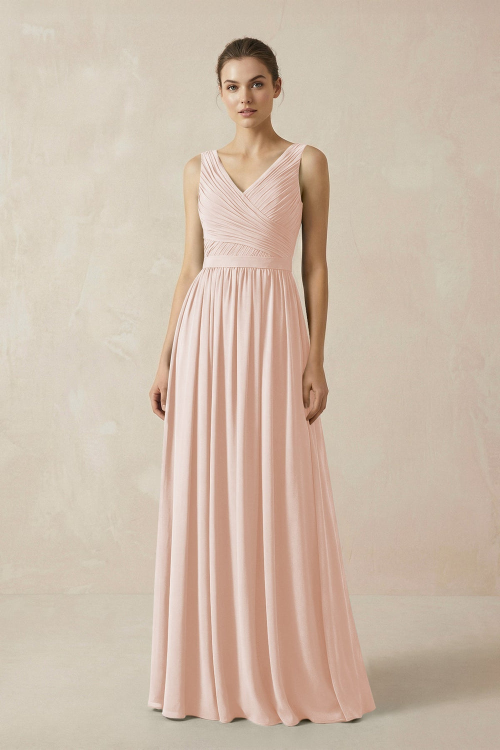 A-Line V-Neck Pleated Chiffon Bridesmaid Dress in Pale Blush
