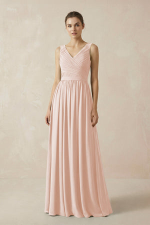 A-Line V-Neck Pleated Chiffon Bridesmaid Dress in Pale Blush - KISS BRIDAL BRIDESMAID DRESSES